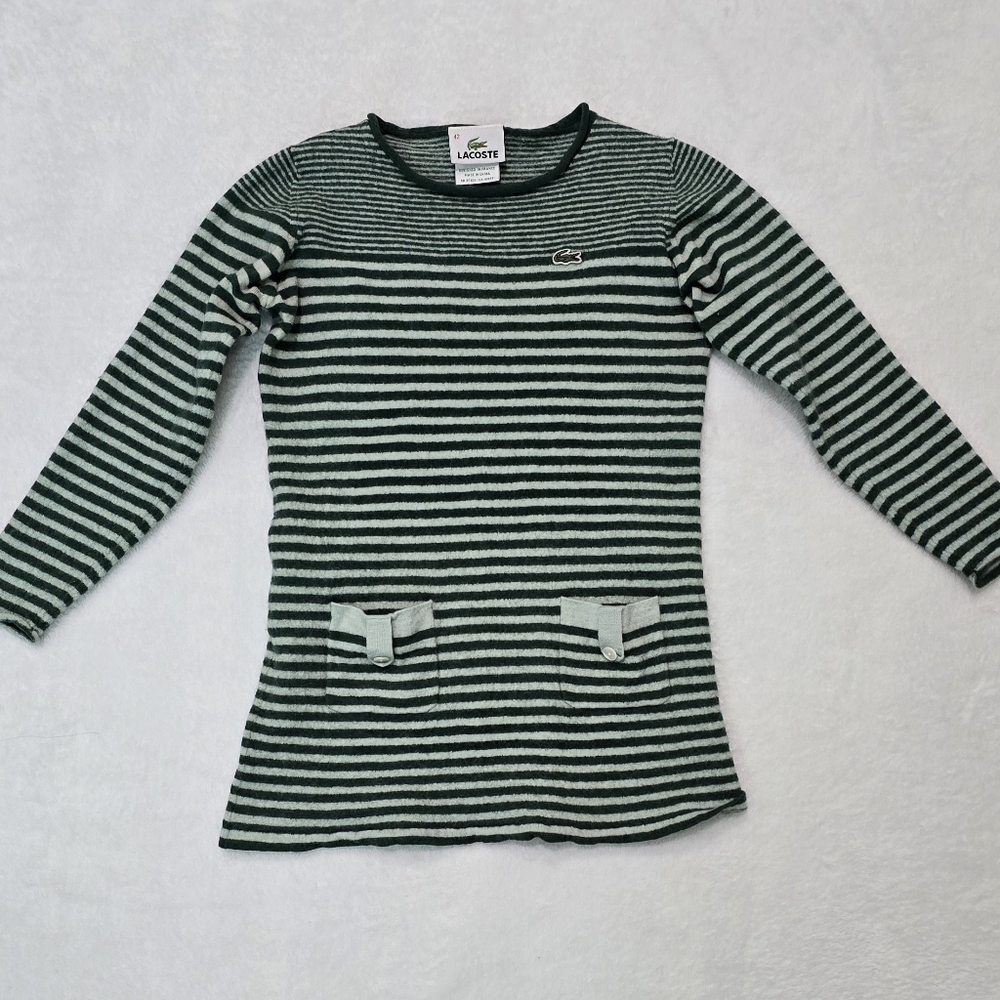 Girl's Lacoste Dress Shirt Size 42 - Fits Like Small 6/7 - Striped Green Wool